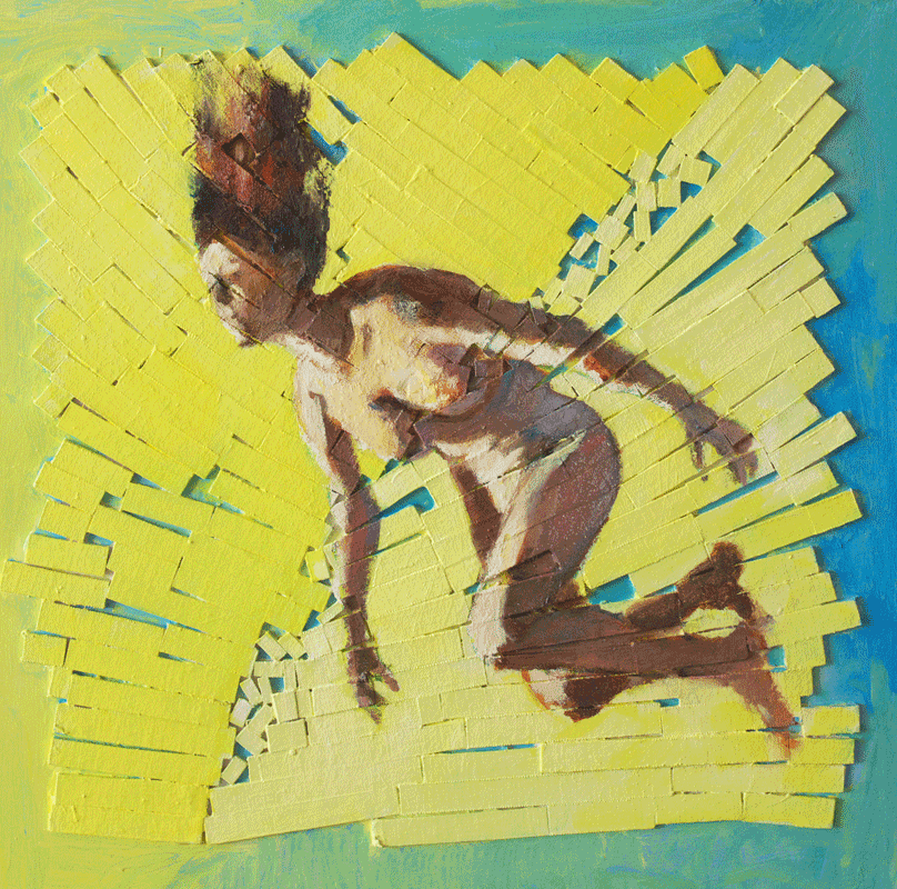 Yello oil painting of falling woman